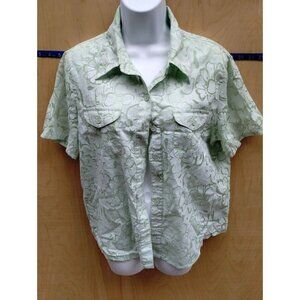 Womens Sheer Floral Button-Up Short Sleeve Shirt Size 12 Green Alfred Dunner